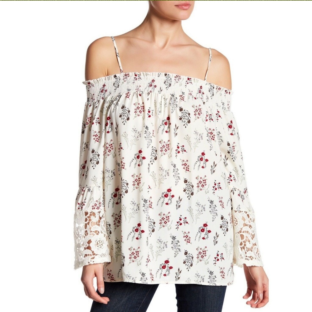 Anthropologie Off-the-Shoulder Lace Bell Sleeve Blouse